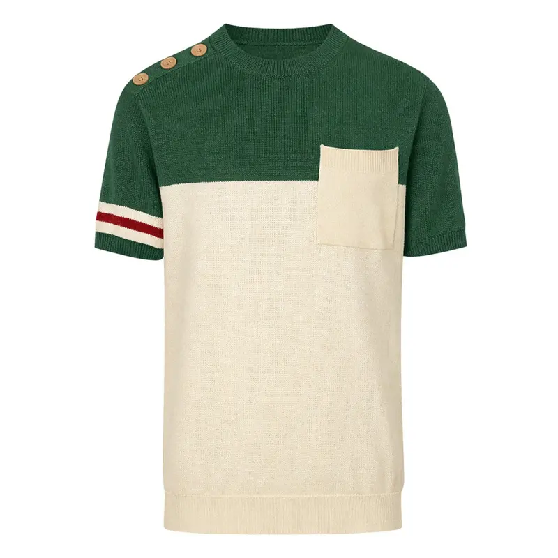 Men's Green Patch Pocket Vintage Knit T-Shirt 1