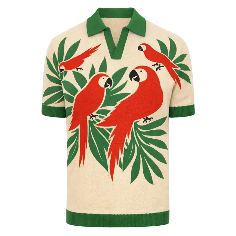 Men's Green Plant Hummingbird Knit V-Neck Polo 1