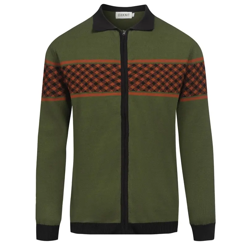 Men's Green Retro Grid Jacquard Knitted Cardigan 1