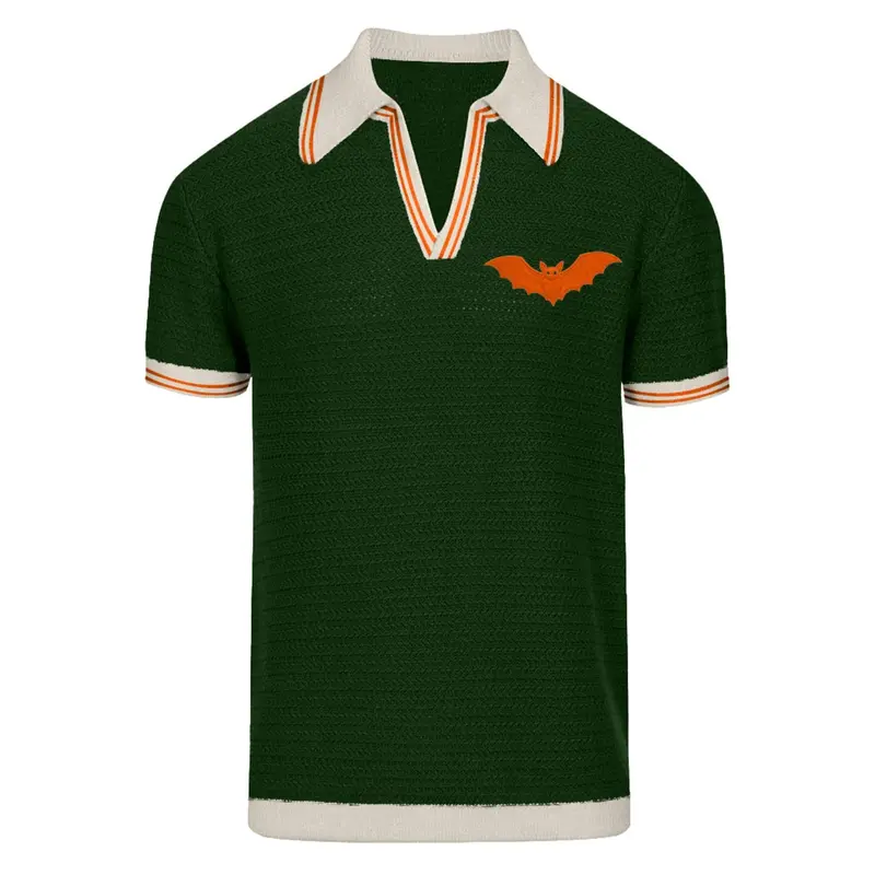 Men's Green Retro Minimalist Bat Embroidery Polo Knit Shirt 1