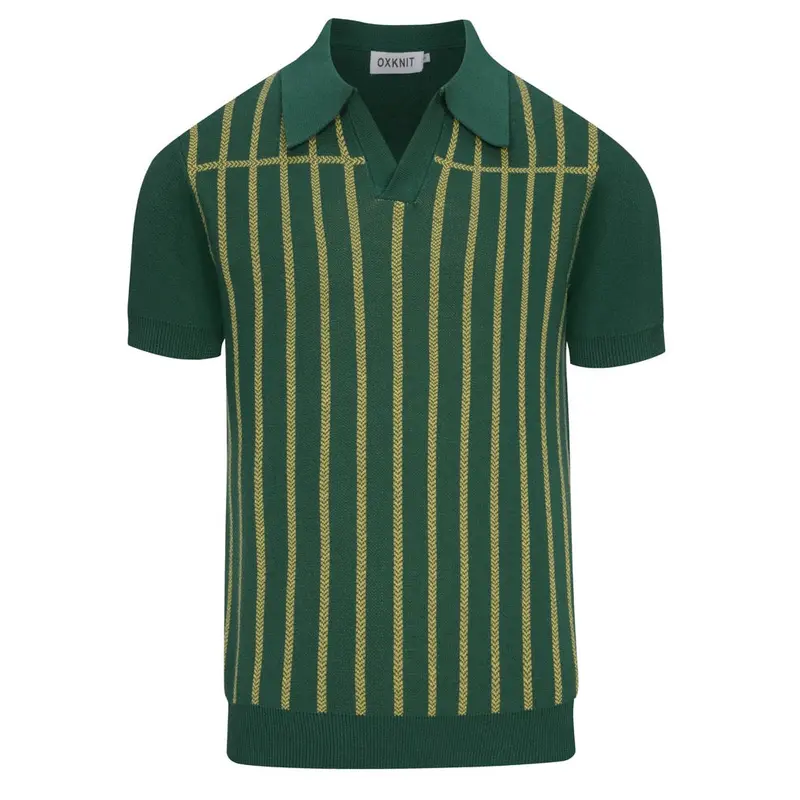 Men's Green Retro Striped Design Knitted V-Neck Knitted Polo 1