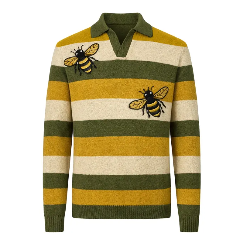 Men's Green Striped Bee Embroidered Knitted Polo 1