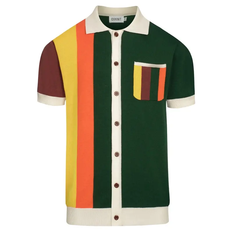 Men's Green Striped Retro Jacquard Knit Shirt 1