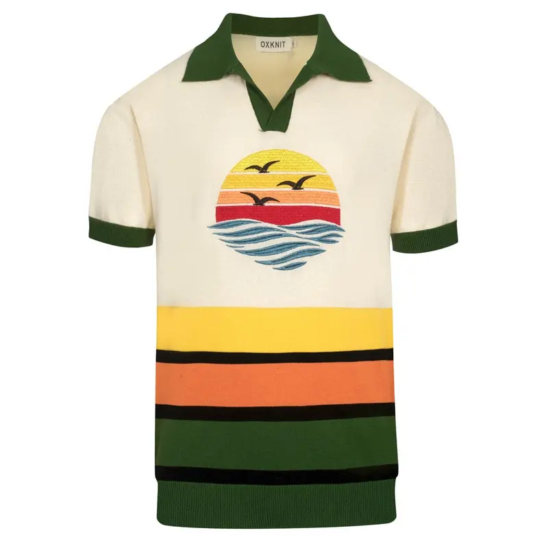 Men's Green Striped Sunset Embroidered Polo Knit Shirt 1