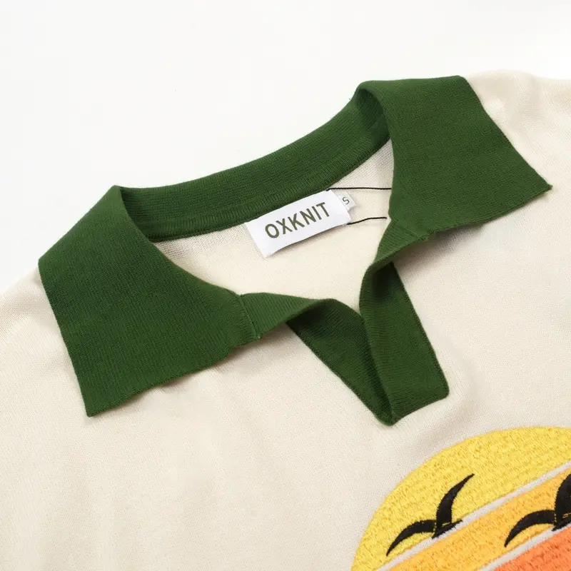 Men's Green Striped Sunset Embroidered Polo Knit Shirt 3