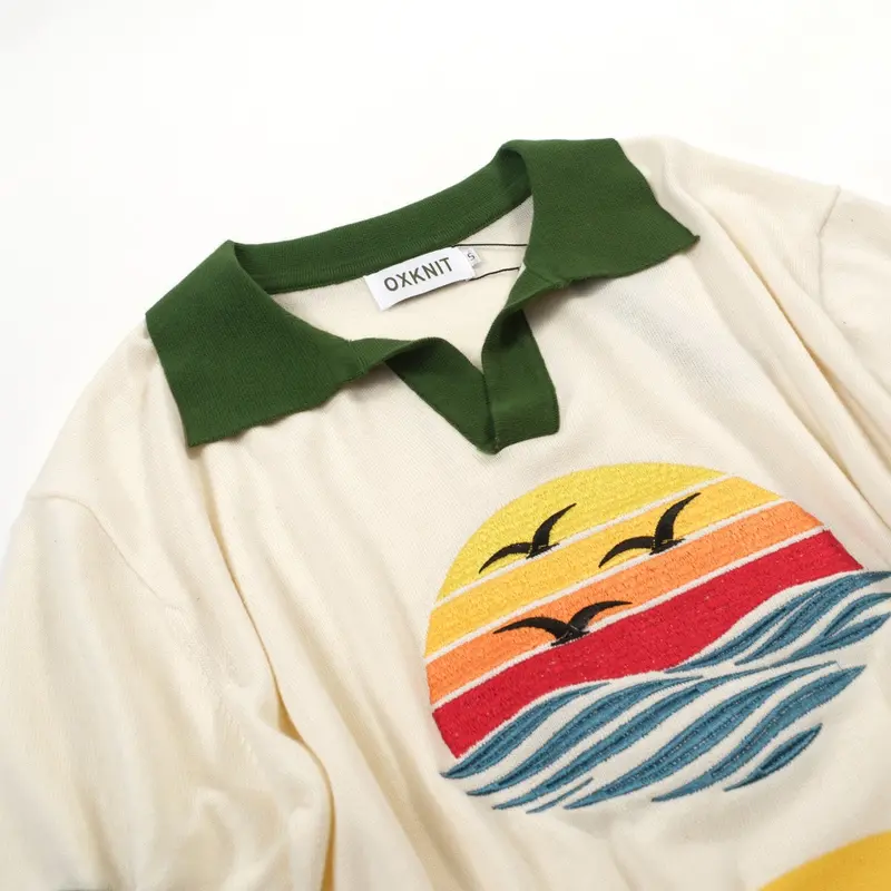 Men's Green Striped Sunset Embroidered Polo Knit Shirt 5