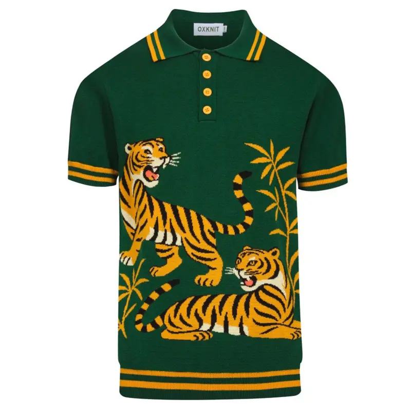 Men's Green Tiger Jacquard Vintage Knit Polo Shirt 1