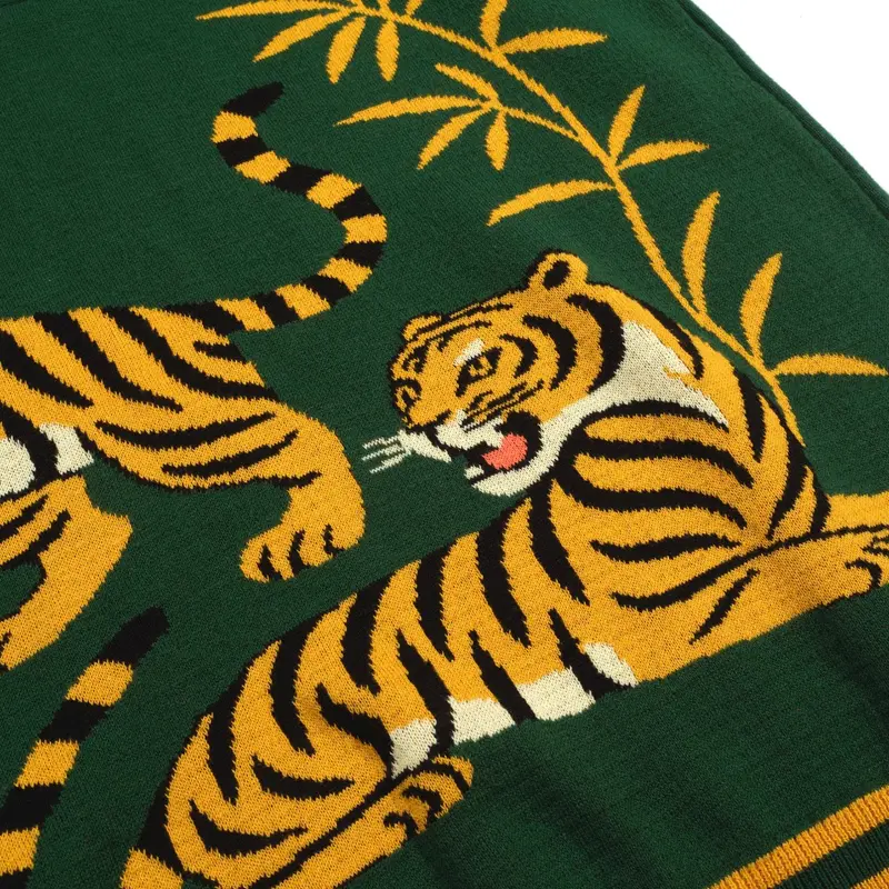 Men's Green Tiger Jacquard Vintage Knit Polo Shirt 2
