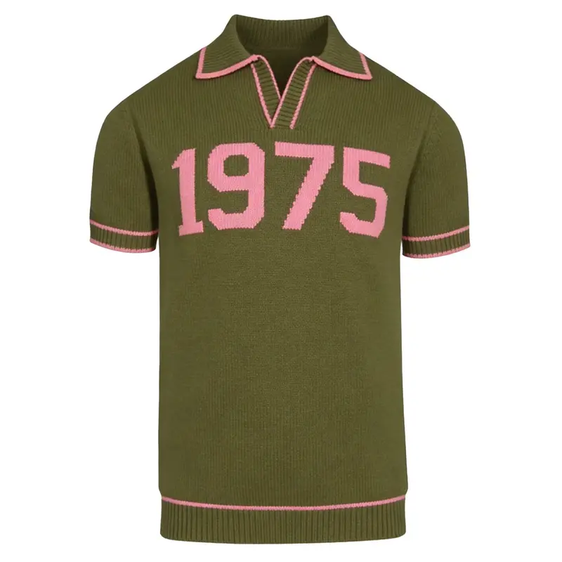 Men's Green Vintage 1970S Fashion Design Jacquard Polo Knit Shirt 1