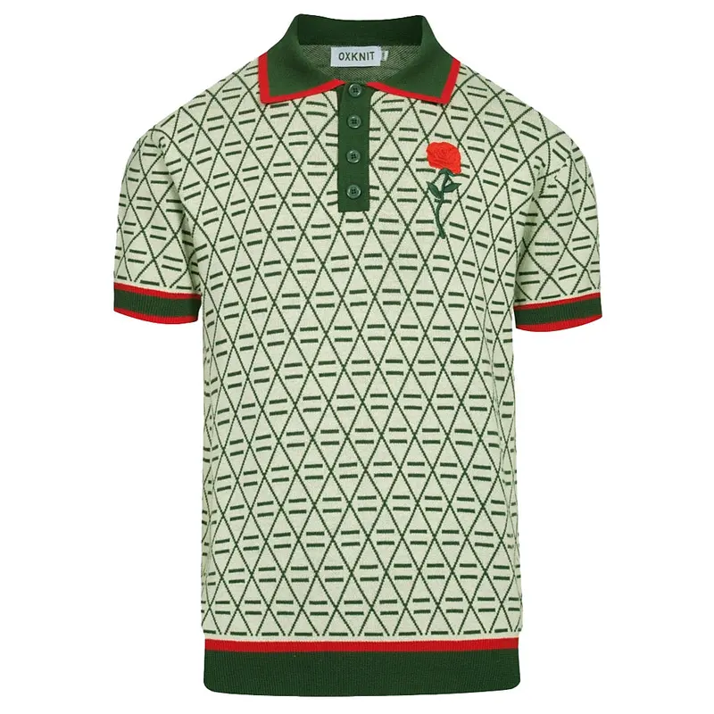 Men's Green Vintage Graphic Embroidered V-Neck Polo Shirt 1