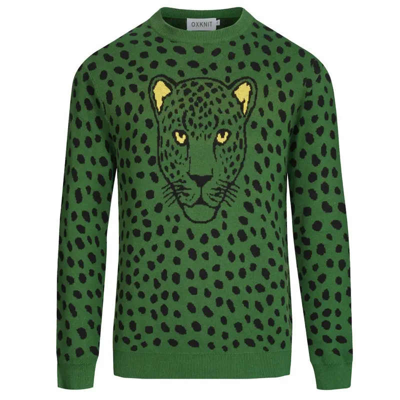 Men's Green Vintage Leopard Print Jacquard Knitwear 1