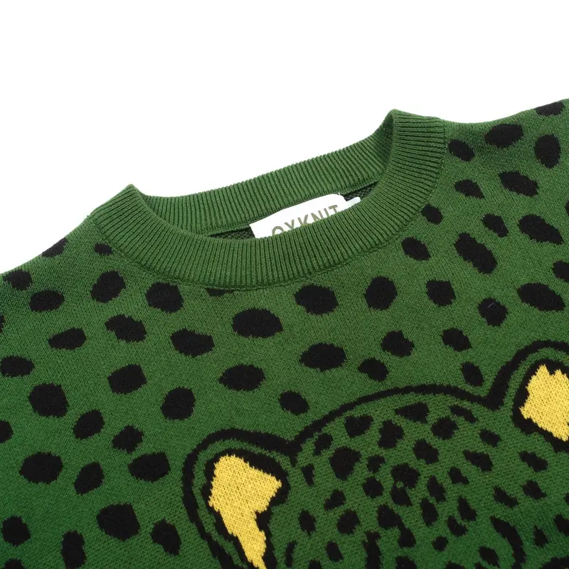 Men's Green Vintage Leopard Print Jacquard Knitwear 4