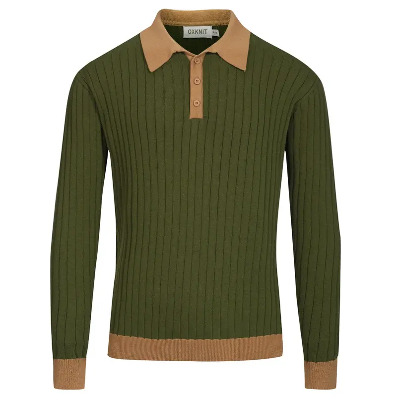 Men's Green Vintage Pothole Knit V-Neck Polo Shirt 1
