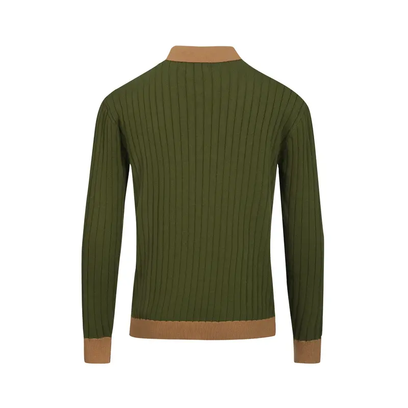 Men's Green Vintage Pothole Knit V-Neck Polo Shirt 3