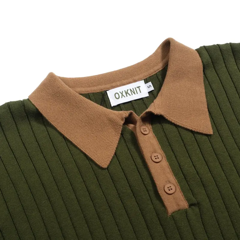 Men's Green Vintage Pothole Knit V-Neck Polo Shirt 4
