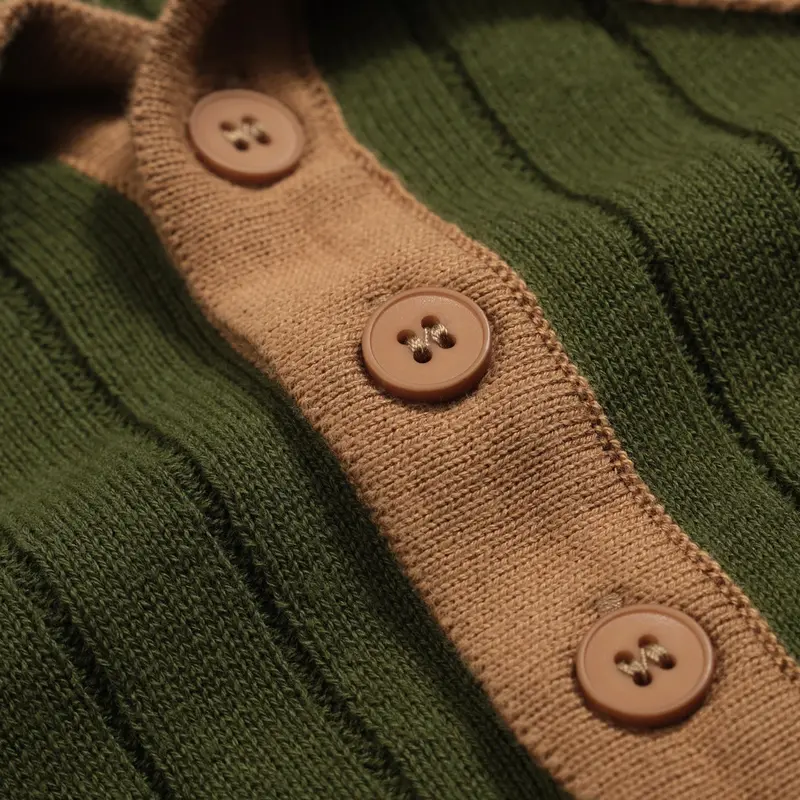 Men's Green Vintage Pothole Knit V-Neck Polo Shirt 5