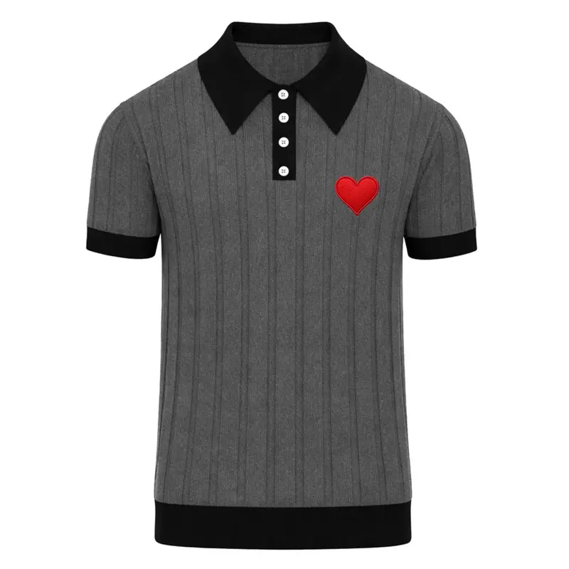 Men's Grey Retro Minimalist Heart Embroidered Polo Knit Shirt 1