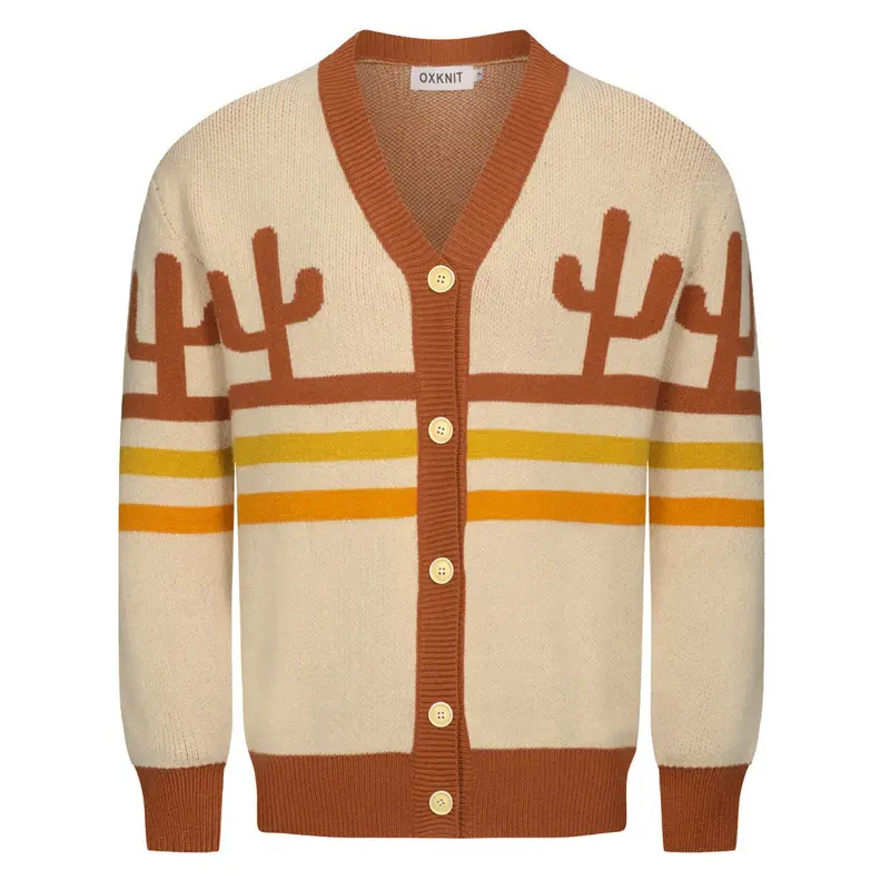 Men's Khaki Cactus Striped Jacquard Sweater Coat 1