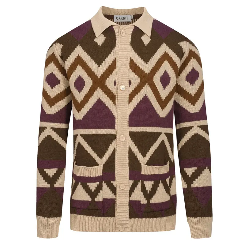 Men's Khaki Color Trendy Street Jacquard Cardigan 1