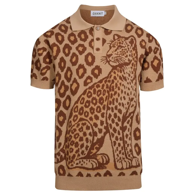 Men's Khaki Leopard Print Tiger Jacquard Knitted Polo Shirt 1