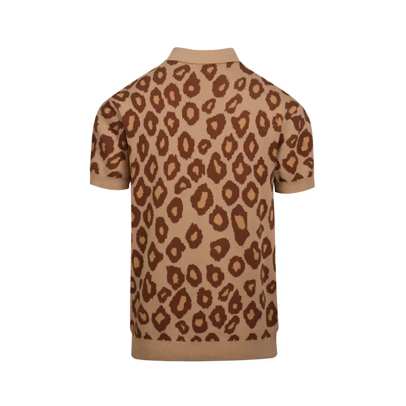 Men's Khaki Leopard Print Tiger Jacquard Knitted Polo Shirt 3