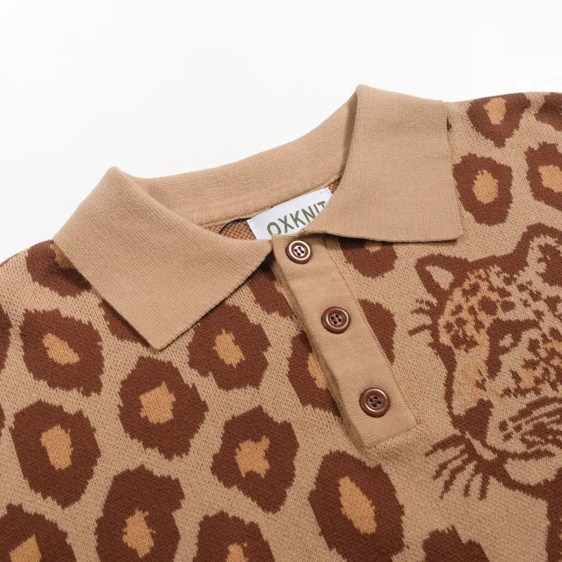 Men's Khaki Leopard Print Tiger Jacquard Knitted Polo Shirt 4