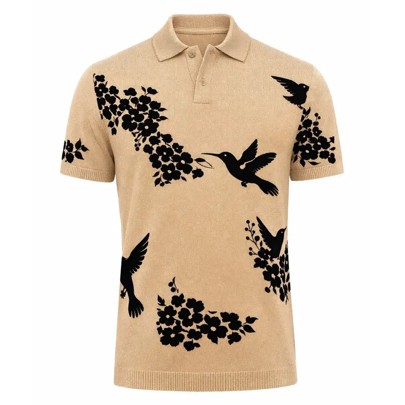 Men's Khaki Retro Bird Plant Knitted Polo Shirt 1