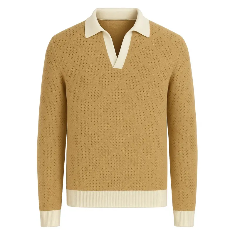 Men's Khaki Textured V-Neck Knitted Polo Shirt 1