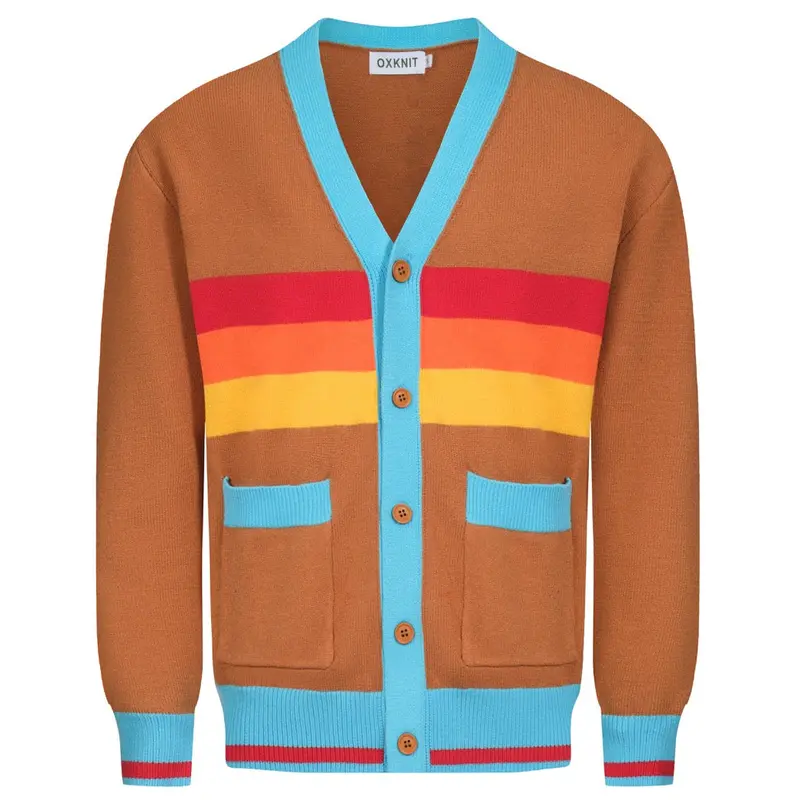 Men's Khaki Vintage Art Striped Sweater Jacket 1