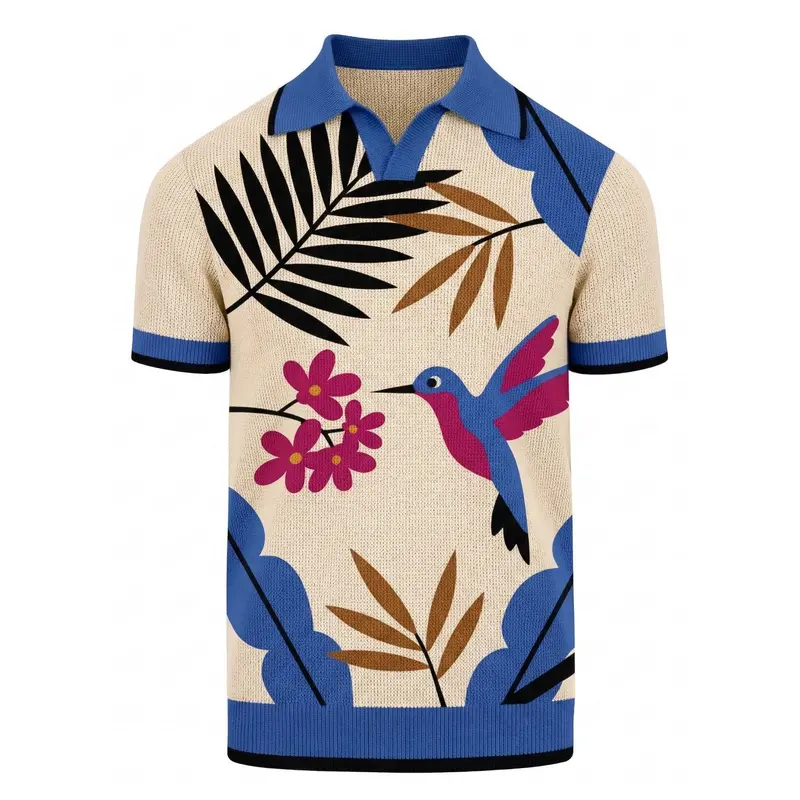 Men's Multicolored Retro Bird Art Jacquard Polo Knit Shirt 1