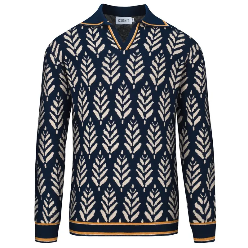 Men's Navy 70'S Jacquard V-Neck Polo Shirt 1