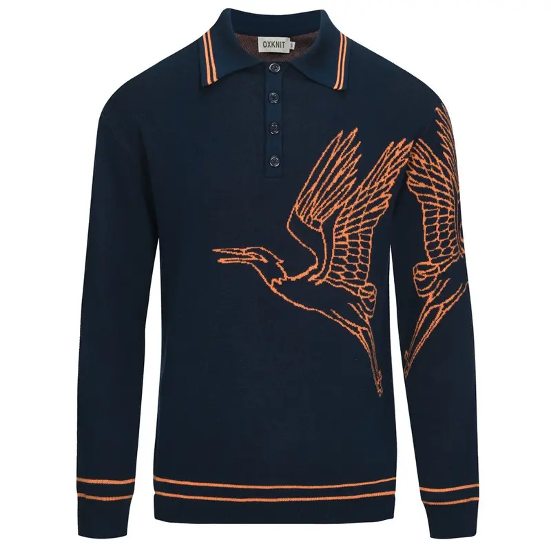 Men's Navy Flying Crane Art Jacquard Knitted Polo Shirt 1