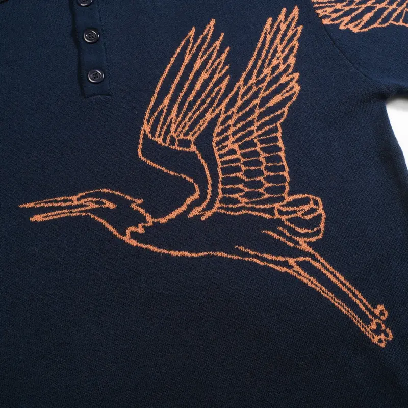 Men's Navy Flying Crane Art Jacquard Knitted Polo Shirt 2
