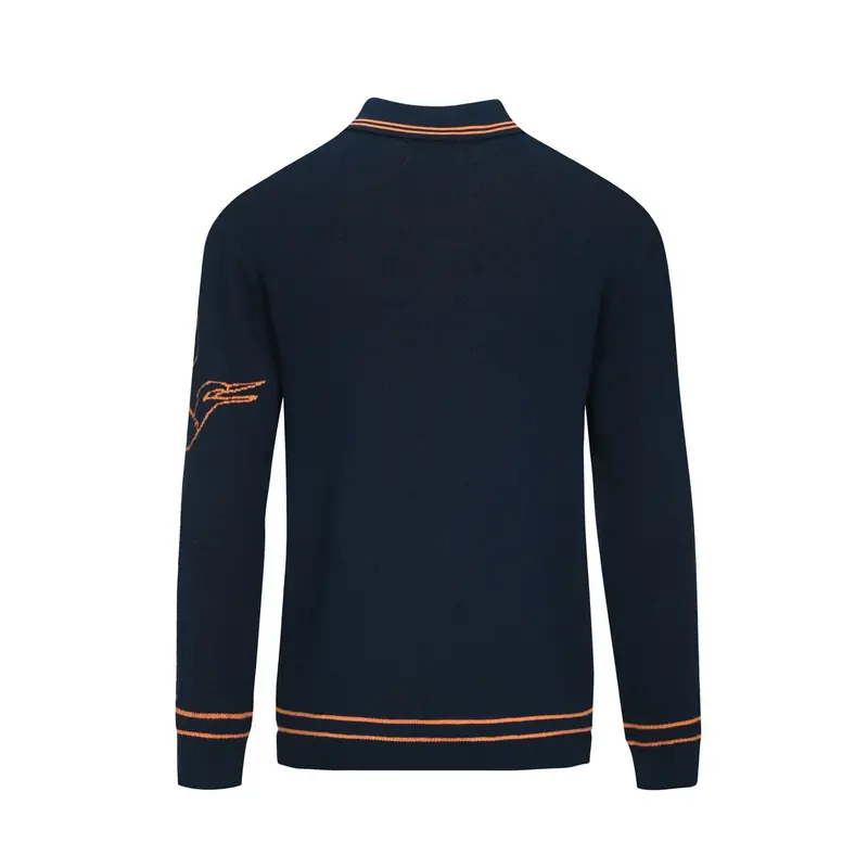 Men's Navy Flying Crane Art Jacquard Knitted Polo Shirt 3