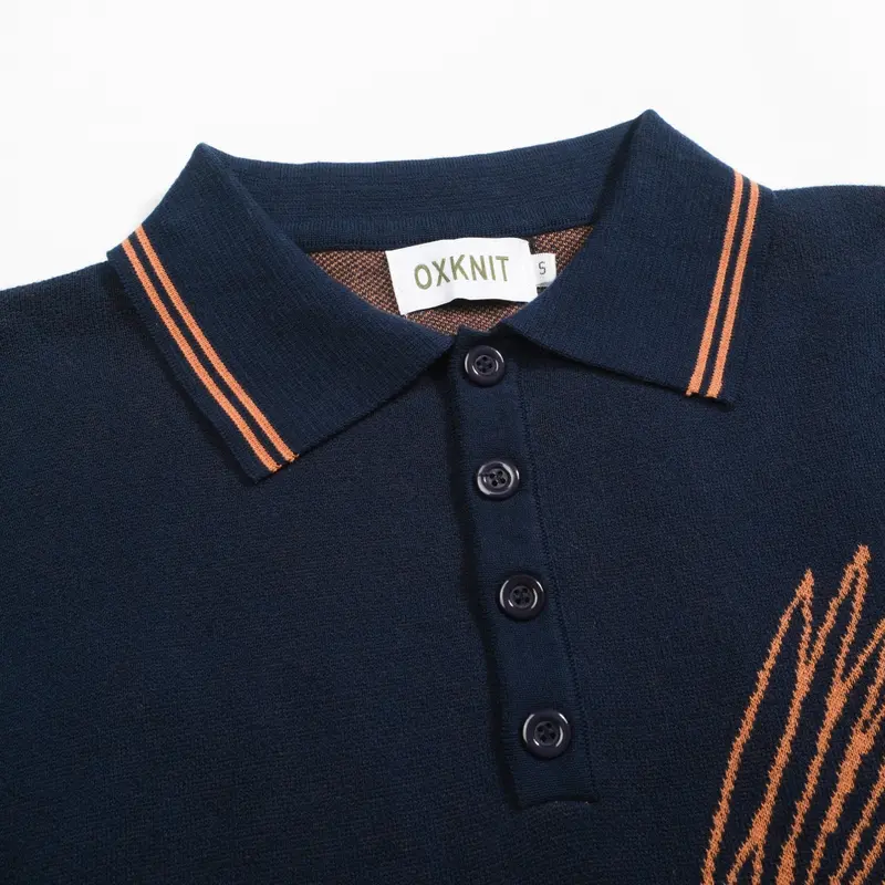 Men's Navy Flying Crane Art Jacquard Knitted Polo Shirt 4