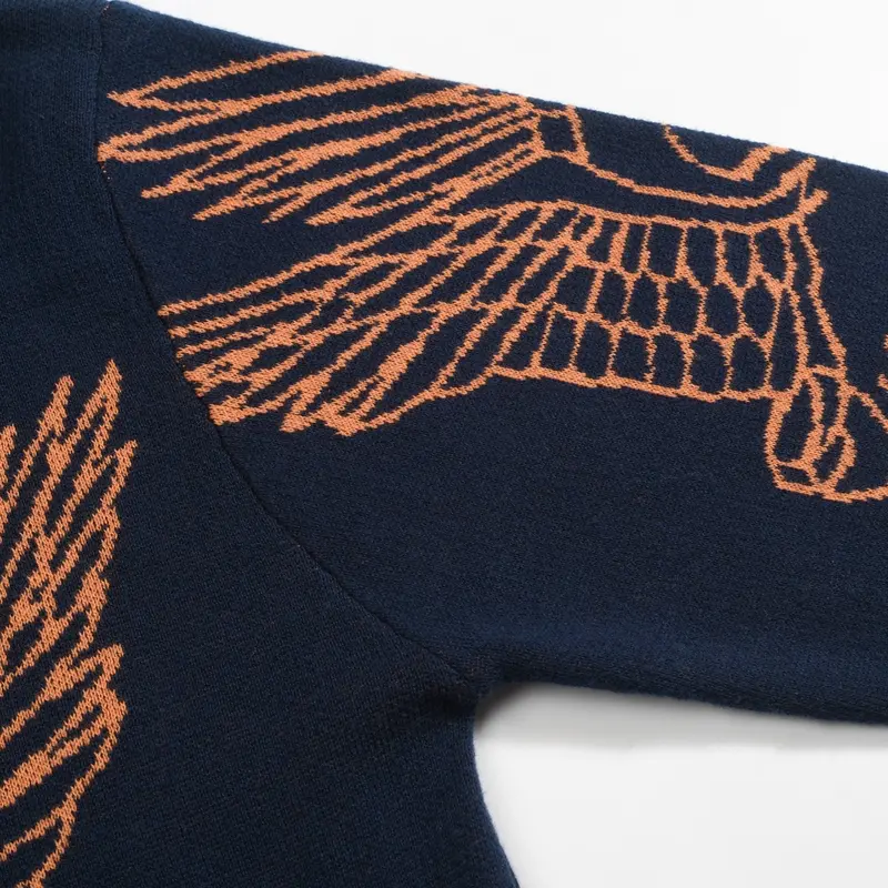 Men's Navy Flying Crane Art Jacquard Knitted Polo Shirt 6