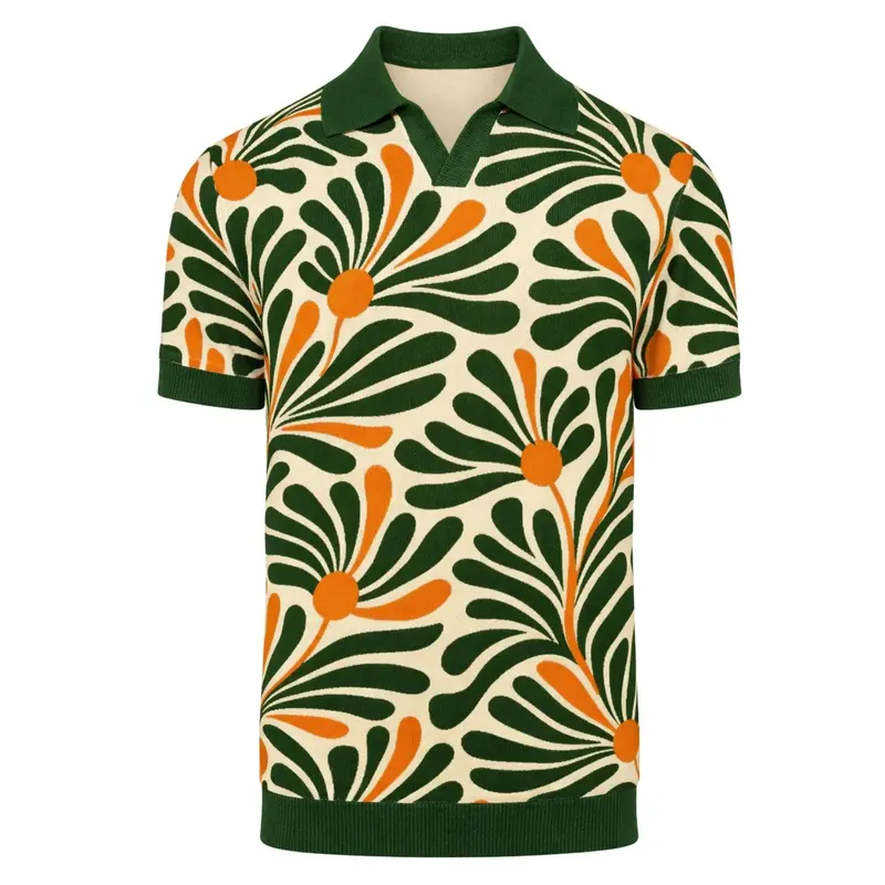 Men's Off-White Retro Art Floral Jacquard Knit Polo Shirt 1