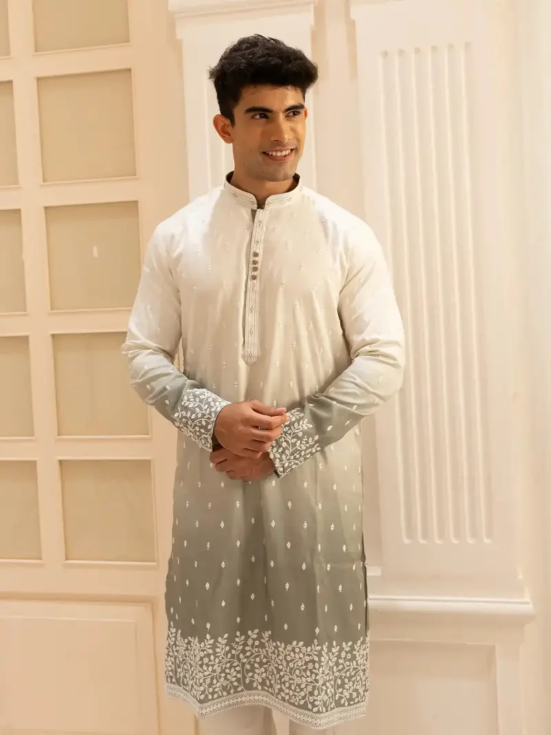 Men’S Ombre Cotton Kurta – Ivory To Sage Green Design 1