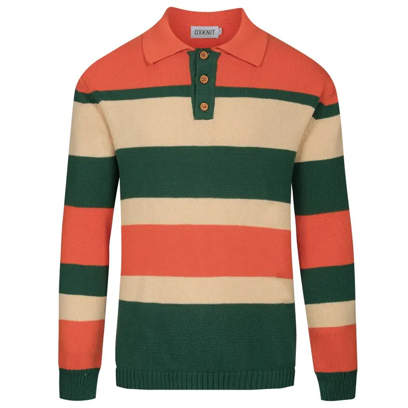 Men's Orange And Green Striped Jacquard Knitted Polo Shirt 1