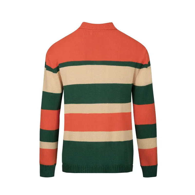 Men's Orange And Green Striped Jacquard Knitted Polo Shirt 3