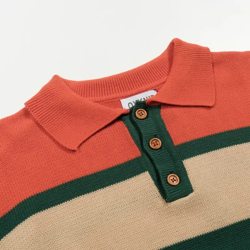 Men's Orange And Green Striped Jacquard Knitted Polo Shirt 4