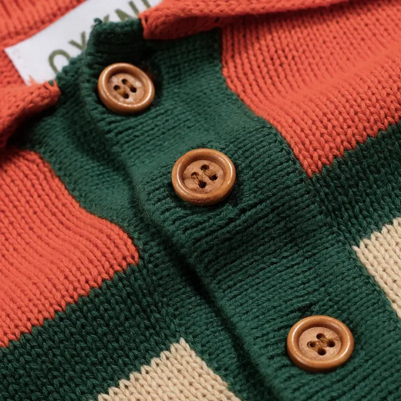 Men's Orange And Green Striped Jacquard Knitted Polo Shirt 5