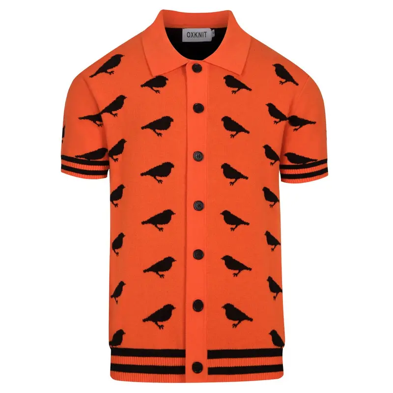 Men's Orange Bird Art Retro Jacquard Knit Shirt 1
