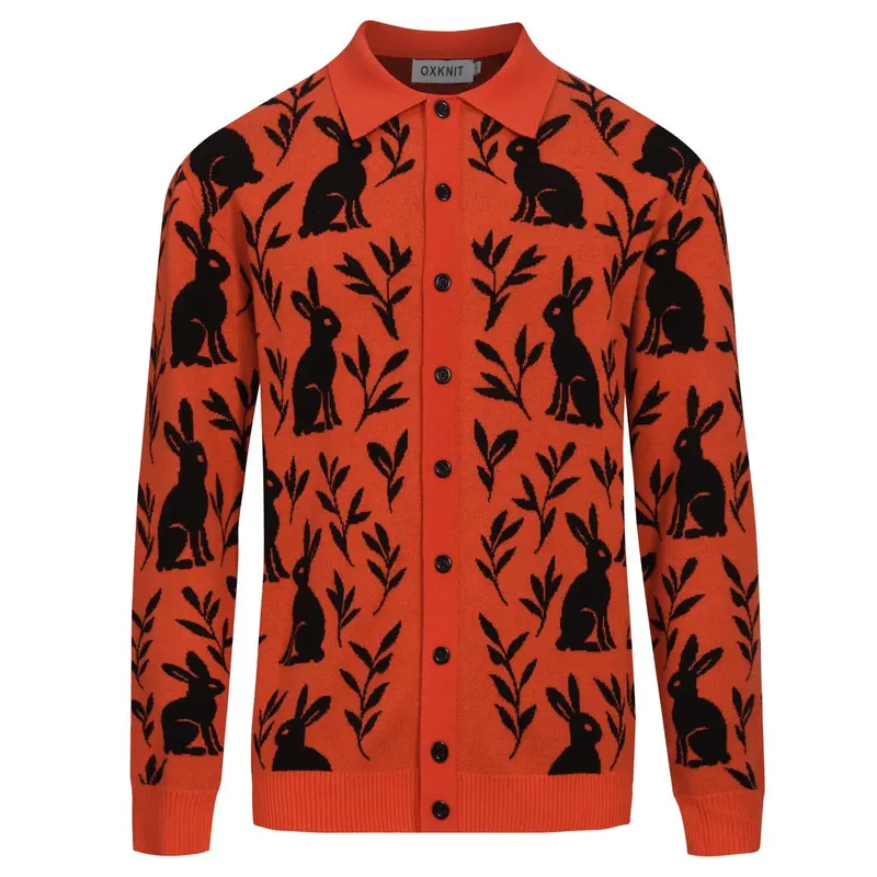 Men's Orange Rabbit Plant Jacquard Cardigan 1