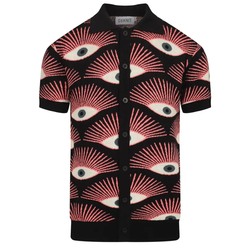 Men's Psychedelic Eye Knit Shirt – Black Button-Up With All-Seeing Graphic Print - Designed By Carrie Cantwell 1