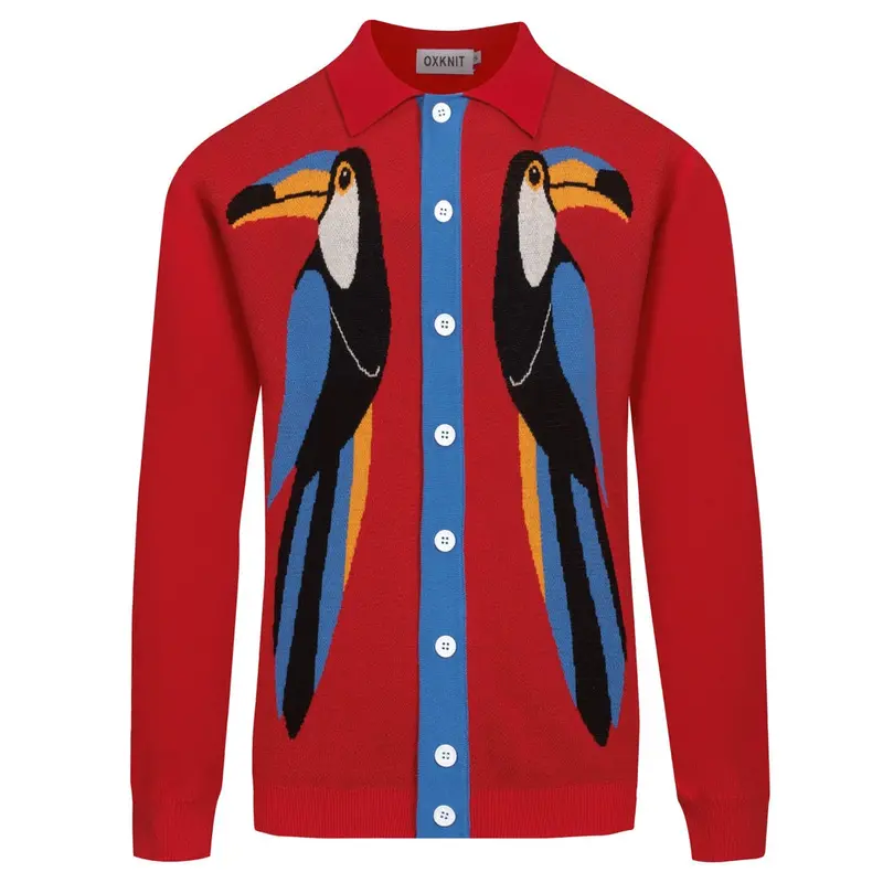 Men's Red Art Bird Vintage Jacquard Cardigan 1