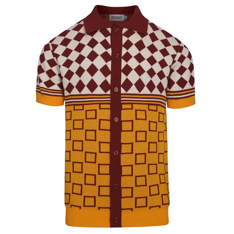 Men's Red Color-Blocked Retro Graphic Knitted Cardigan 1