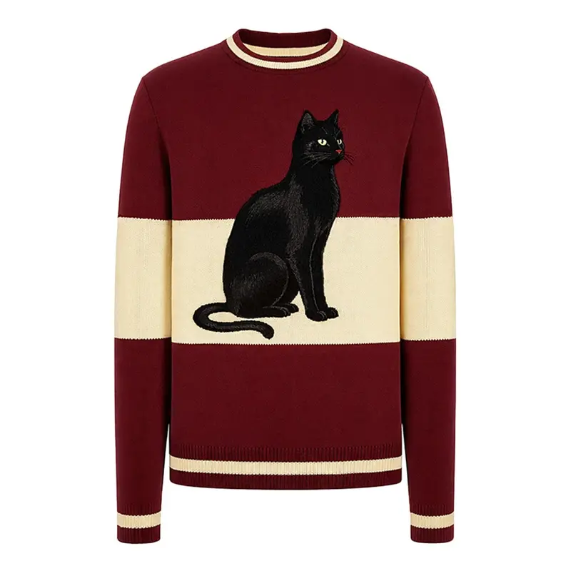 Men's Red Embroidered Cat Vintage Fashion Jacquard Knitwear 1