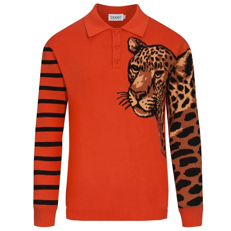 Men's Red Leopard Striped Knitted Polo Shirt 1