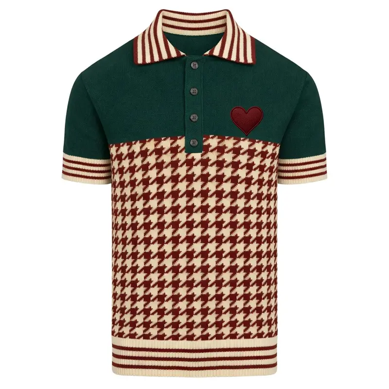 Men's Red Vintage Artistic Heart Embroidery Polo Knit Shirt 1
